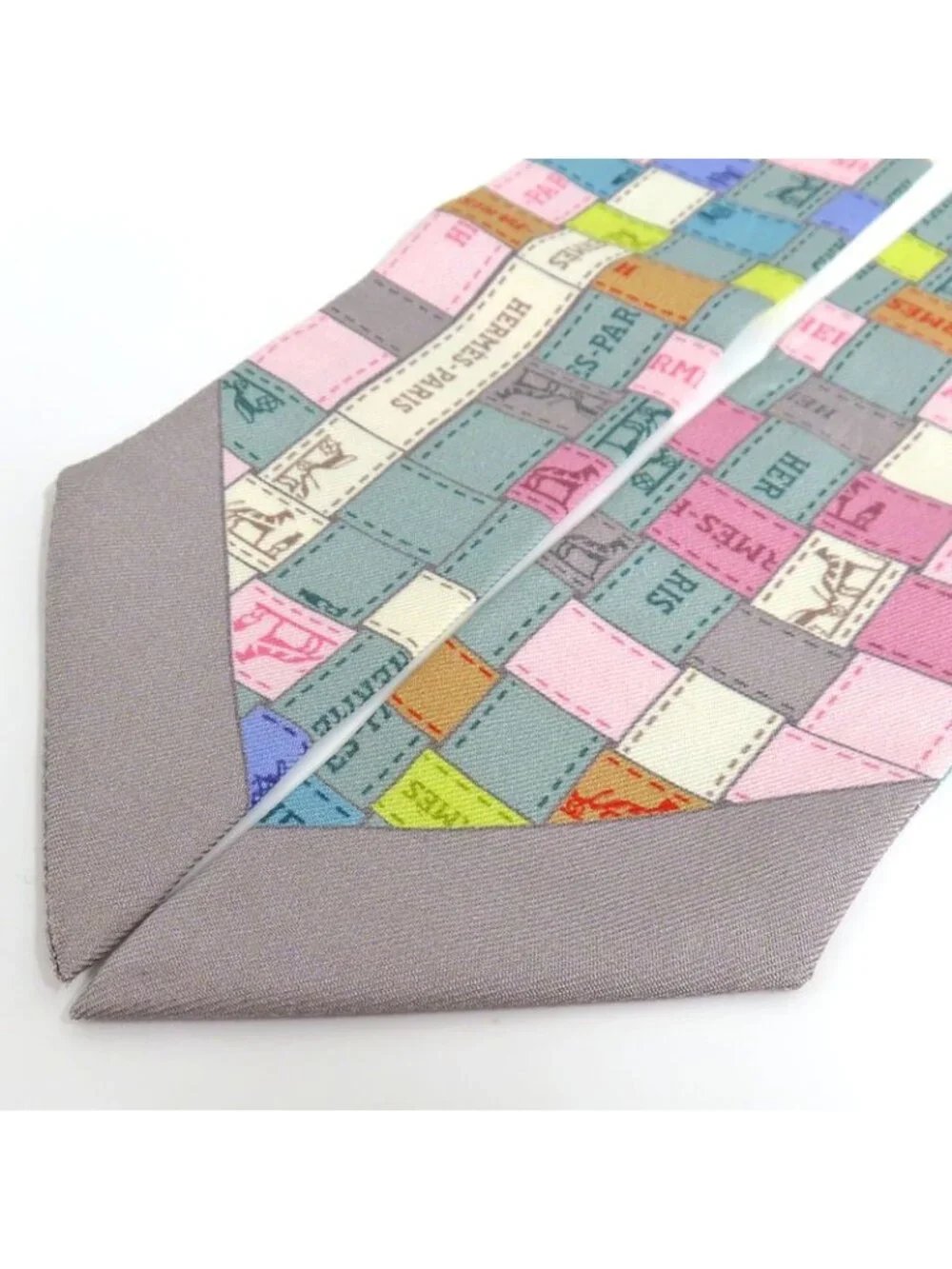 Hermes Twilly Bolduc Check Silk Gray Multicolor Pastel - Picture 2 of 7